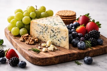 Fototapeta premium Gourmet cheese wedge on artisan wooden board with fresh grapes and berries against a clean white backdrop