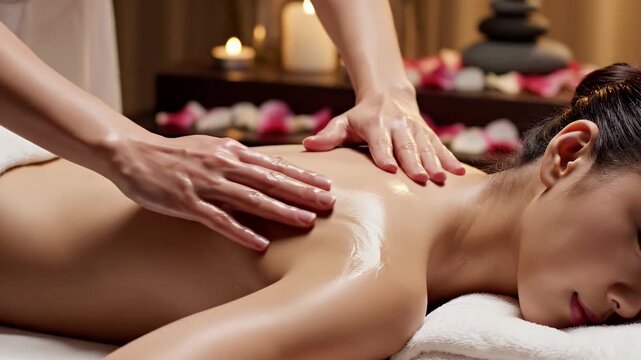Relaxing Spa Massage Therapy Woman Receiving Full Body Oil Massage With Soft Candle Light And Flower Petals In A Serene Massage