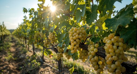Fototapeta premium Vineyard garden filled with fresh juicy white grapes under clear summer sun
