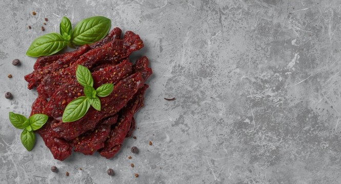 Top view horizontal copy space image of a natural beef jerky appetizer garnished with fresh basil and spices on a gray textured background