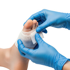 Obraz premium extreme close-up of hands in blue nitrile gloves meticulously wrapping a white sterile gauze bandage around an injured big toe on a white cyclorama, conveying sterile medical intervention