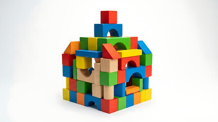 Naklejka premium Colorful Wooden Building Blocks Stacked into a Complex Structure