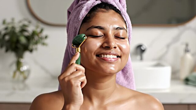 Smiling Young Woman with Lavender Towel and Glowing Skin Uses Green Jade Roller for Facial Massage in Modern Bathroom