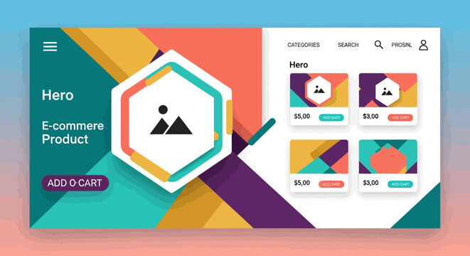 E-commerce web page template, colorful product hero section, modern online store design, vector UI elements