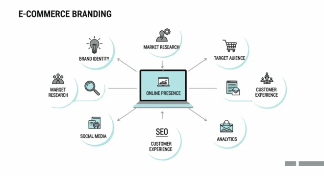 E-commerce branding, online business, digital marketing, SEO optimization, web analytics vector