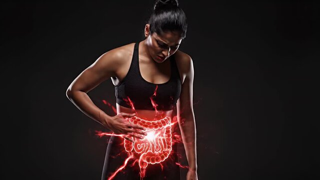 South Asian Woman In Black Athletic Wear Experiencing Abdominal Pain With Glowing Red Intestines Illustration On Dark Background