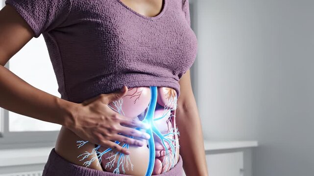 South Asian woman in muted purple top holding abdomen with visual representation of digestive system and glowing blue energy