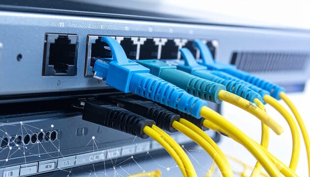   
"Ethernet cables plugged into network router"
