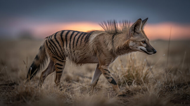 Aardwolf Low Angle Twilight Grassland Wildlife Telephoto Shot Natural Frame Copy Space