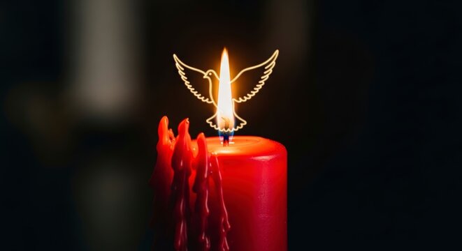 Red candle with golden dove decoration.