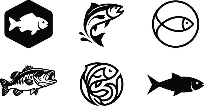 Fish icons, aquatic silhouettes, marine vector set, abstract geometric fish, leaping motion design, seafood illustration, ocean wave pattern, decorative art
