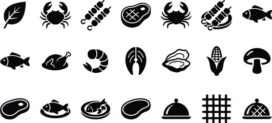 Food icons, crab illustration, fish steak, shrimp design, oyster symbol, chicken leg, corn, mushroom, grill, cloche, culinary cooking graphic © Sabbir's World