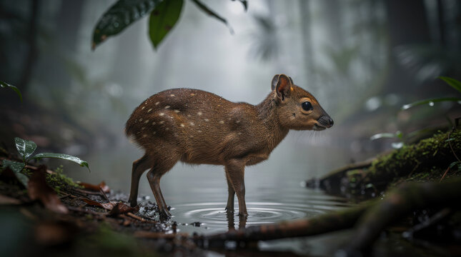 Chevrotain Low Angle Fog Forest Stream Wildlife Telephoto Shot Natural Frame Copy Space