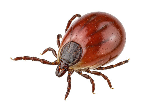 a singular, engorged adult female tick specimen with a glossy, reddish-brown abdomen and dark carapace, eight legs, isolated on a sterile white background, clinical biological study atmosphere