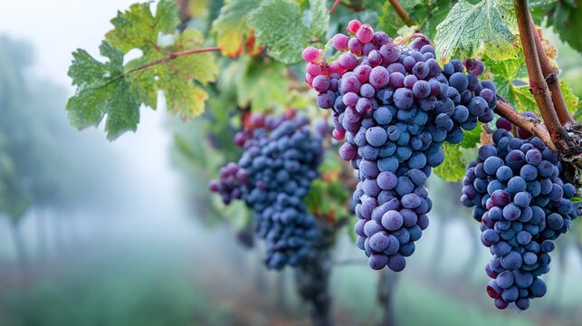 nebbiolo. Ripe purple grape clusters glowing in autumn mist of a vineyard at morning. representing seasonal cycles and harvest abundance.