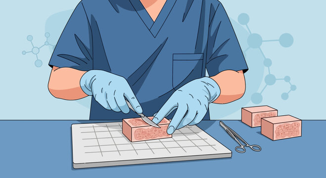 Surgeon performing dissection on biological tissue sample with surgical tools