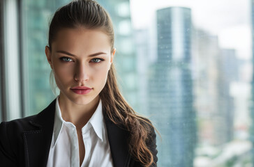 Fototapeta premium a beautiful young woman in business attire stands near the window of an office building, looking at the camera with confidence and determination.