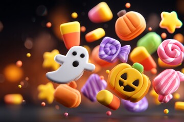 Obraz premium Floating Halloween Icons Featuring Pumpkin, Ghost, and Candy for Festive Celebrations