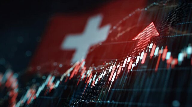 Swiss market growth video with rising financial chart and switzerland flag motion background displaying stock index success bullish trend economic prosperity and currency exchange investment.