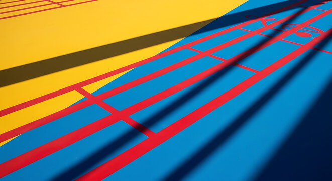 Vibrant abstract geometric composition with yellow and blue planes intersected by bold red lines and strong diagonal shadows, creating a dynamic visual.