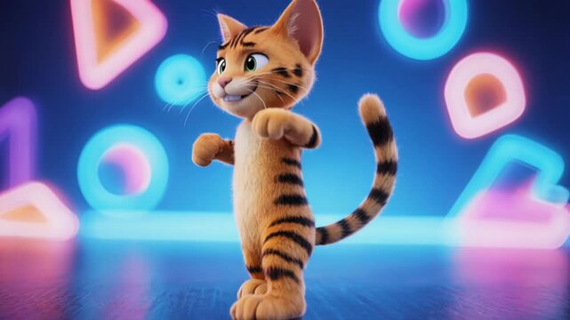 Vibrant 3D animated tabby cat character joyfully exploring a dynamic digital world, surrounded by glowing neon geometric shapes and abstract light patterns, embodying playful energy