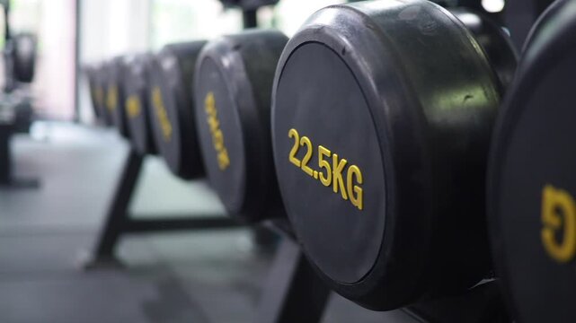 Weights are set up for workout at the gym