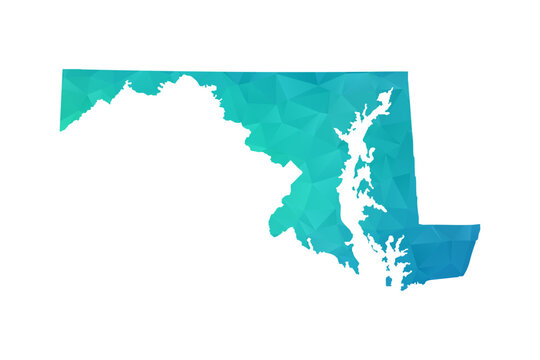 Maryland Map - Polygon Style Vector Illustration in Green and Blue Gradient, Low Poly Geometric Design, Isolated on White Background, Perfect for Infographics and Learning Use.