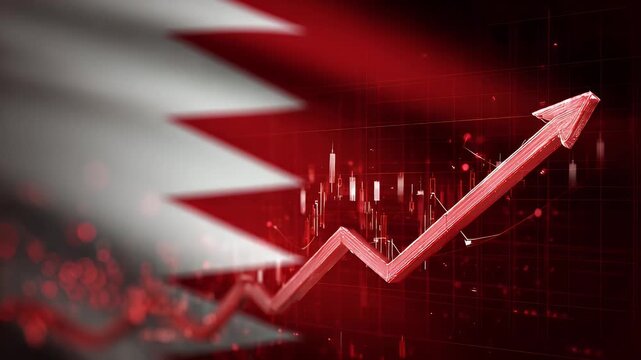 Bahrain flag waving behind economic stock market uptrend arrow showing growth success and financial prosperity motion graphics with red background and bokeh effects.