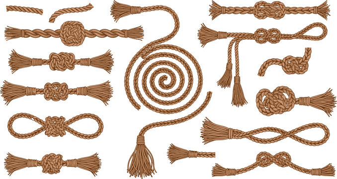 Collection of Various Rope Knots and Twists, Crafting and Knot-Tying Techniques, Vector Illustration