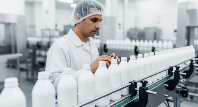 A man in a white lab coat inspecting bottles on a production line in an industrial factory setting with machinery and equipment.