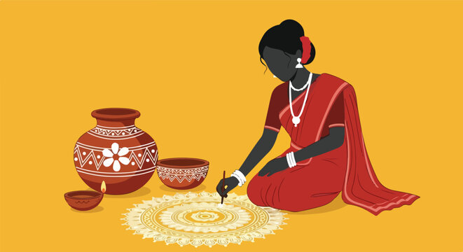 Indian woman in red saree drawing a traditional rangoli design on the floor with clay pots and a lit diya beside her on a yellow background.