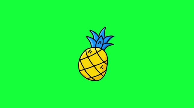 doodle Animated cartoon pineapple character, cute looping sway animation on green screen and white background, yellow pineapple blue leaves, 4K 16:9, perfect for tropical summer content