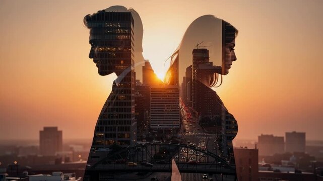 Silhouettes of a man and woman facing opposite directions with cityscape at sunset double exposure concept