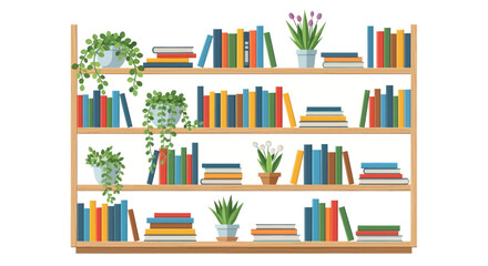 Colorful Bookshelves with Potted Plants, Cozy Home Library Decor © Soheh