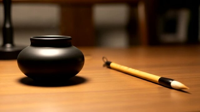 Black ceramic pot and brush on wooden table