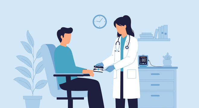 Doctor checks patient's pulse oximeter reading in medical clinic examination room