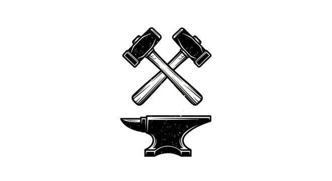 Blacksmith anvil and crossed hammers icon, grunge texture, vintage workshop symbol.