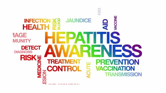Hepatitis awareness concept Animated Tag Word Cloud kinetic typography, Text Design Animation typography seamless loop video motion graphics Intro Wordart arrangement rainbow type on white background 