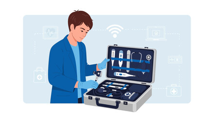 Fototapeta premium Doctor with medical kit, digital health, telemedicine, healthcare technology, doctor's bag