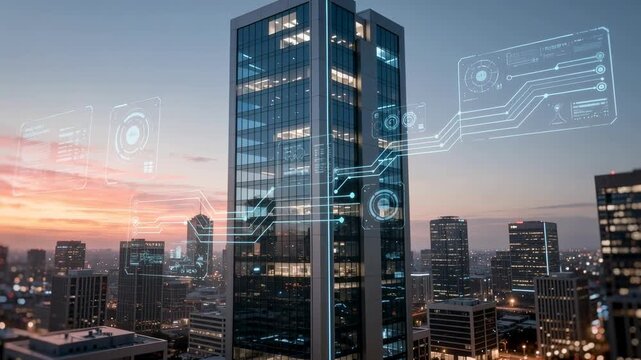 Smart city technology concept with futuristic digital interface over modern urban skyline at sunset