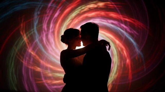 Romantic couple embracing with colorful swirling light background at night