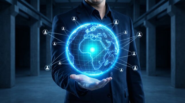 A man in a dark suit holds a glowing blue globe with network connections in a dimly lit industrial background