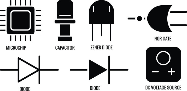 Illustration set featuring essential electronic components and circuit diagram symbols in a clean, black and white minimalist style.