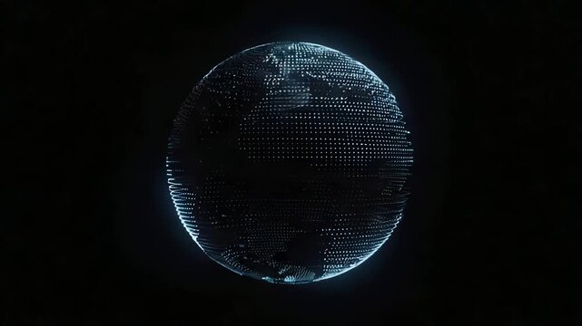 A glowing sphere made of dots rotates slowly in darkness