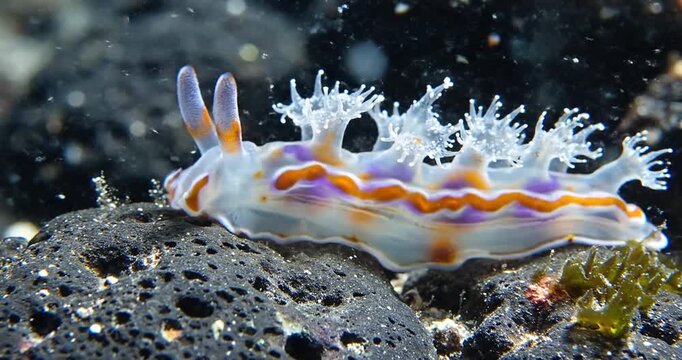 Colorful sea slug gliding over rocky ocean floor, showcasing vibrant patterns and textures