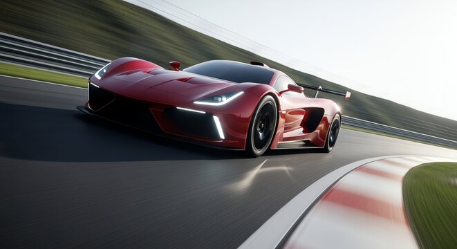 A sleek red supercar speeds forward with sharp aerodynamic lines and aggressive styling that defines modern high performance vehicles