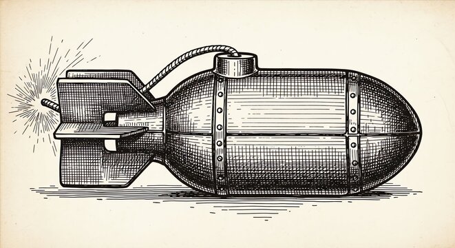 A detailed vintage engraving illustration of a powerful explosive bomb with a lit fuse ready to ignite now