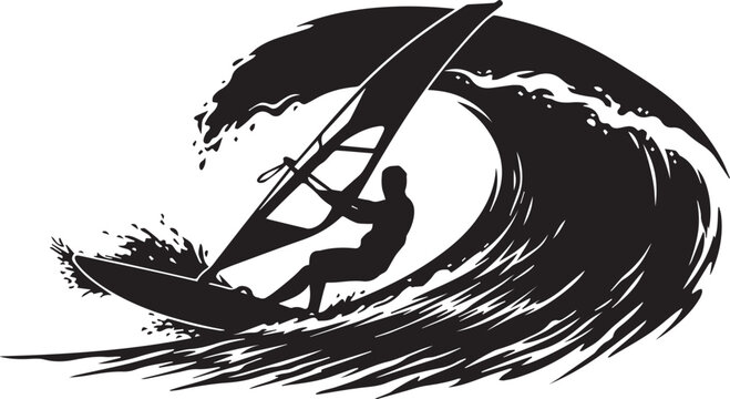 Silhouette of Windsurfer Riding Big Ocean Wave
