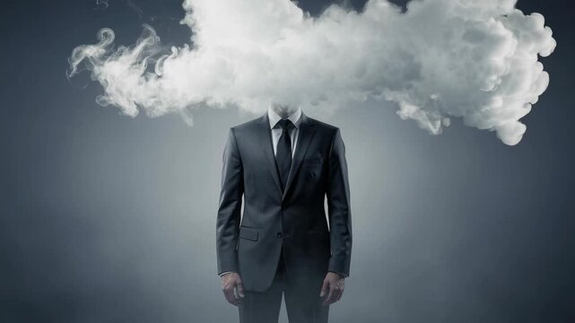 Businessman with cloud head representing stress confusion and mental fog in professional life