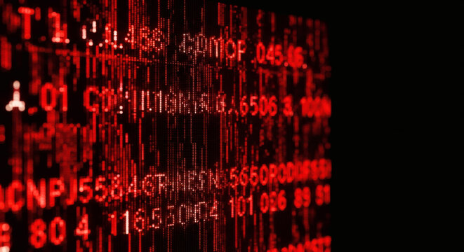 赤いデジタルコードが流れるサイバー空間の背景 サイバーセキュリティ 警告 抽象的 テクスチャ